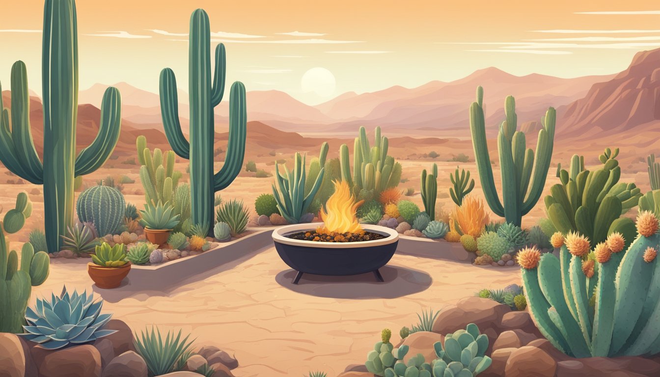 A desert landscape with cacti and succulents, a small garden with drought-resistant produce, and a chef cooking over a fire pit