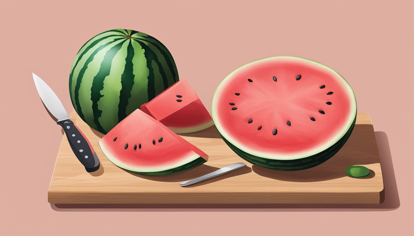 A cutting board with a watermelon, knife, and spoon beside it