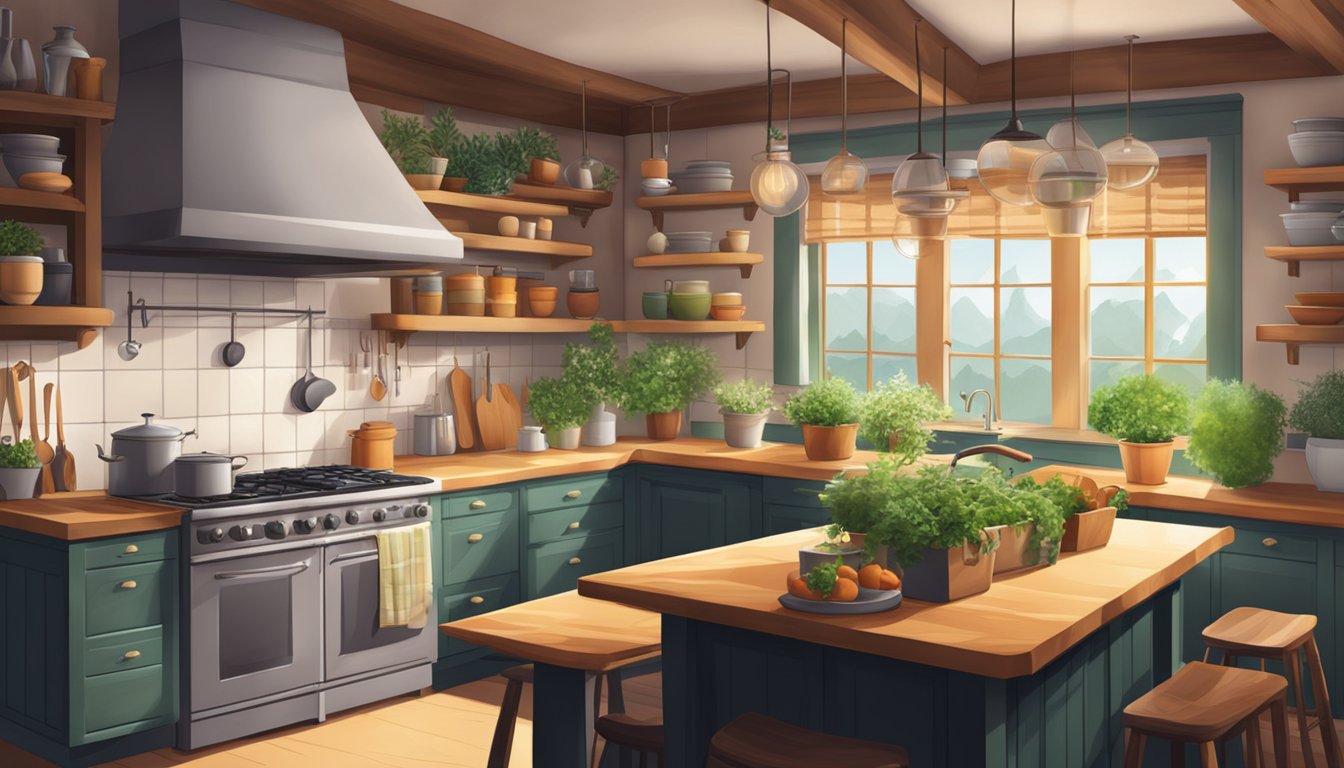 A cozy kitchen with simmering pots, fresh herbs, and a warm, inviting atmosphere