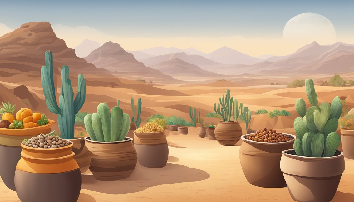 A desert landscape with sun-dried fruits and vegetables, clay pots for fermentation, and solar-powered dehydrators