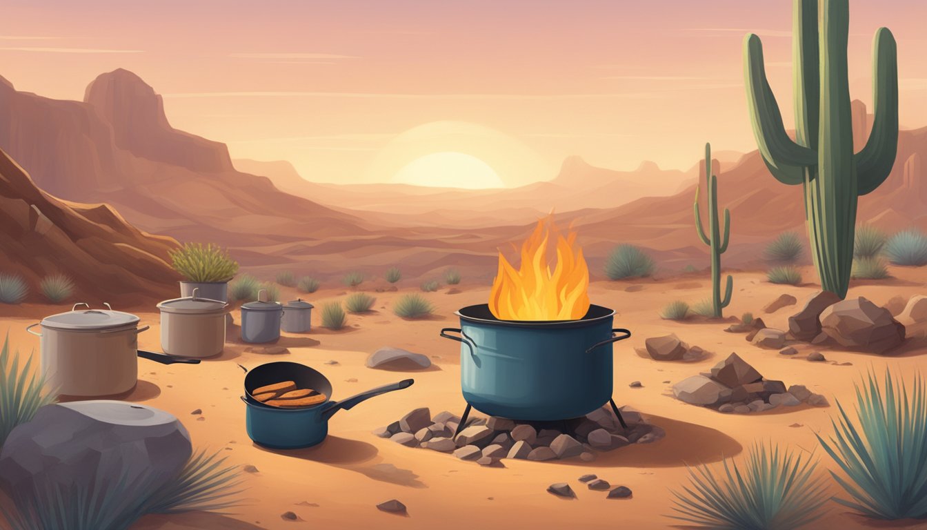 A desert landscape with a small campfire surrounded by pots and pans, as a person cooks food while keeping an eye out for pests and natural threats