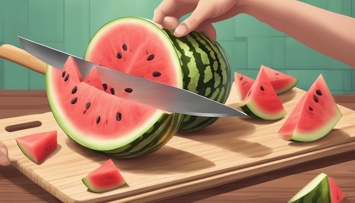 A hand holding a knife slices a watermelon into sticks on a cutting board