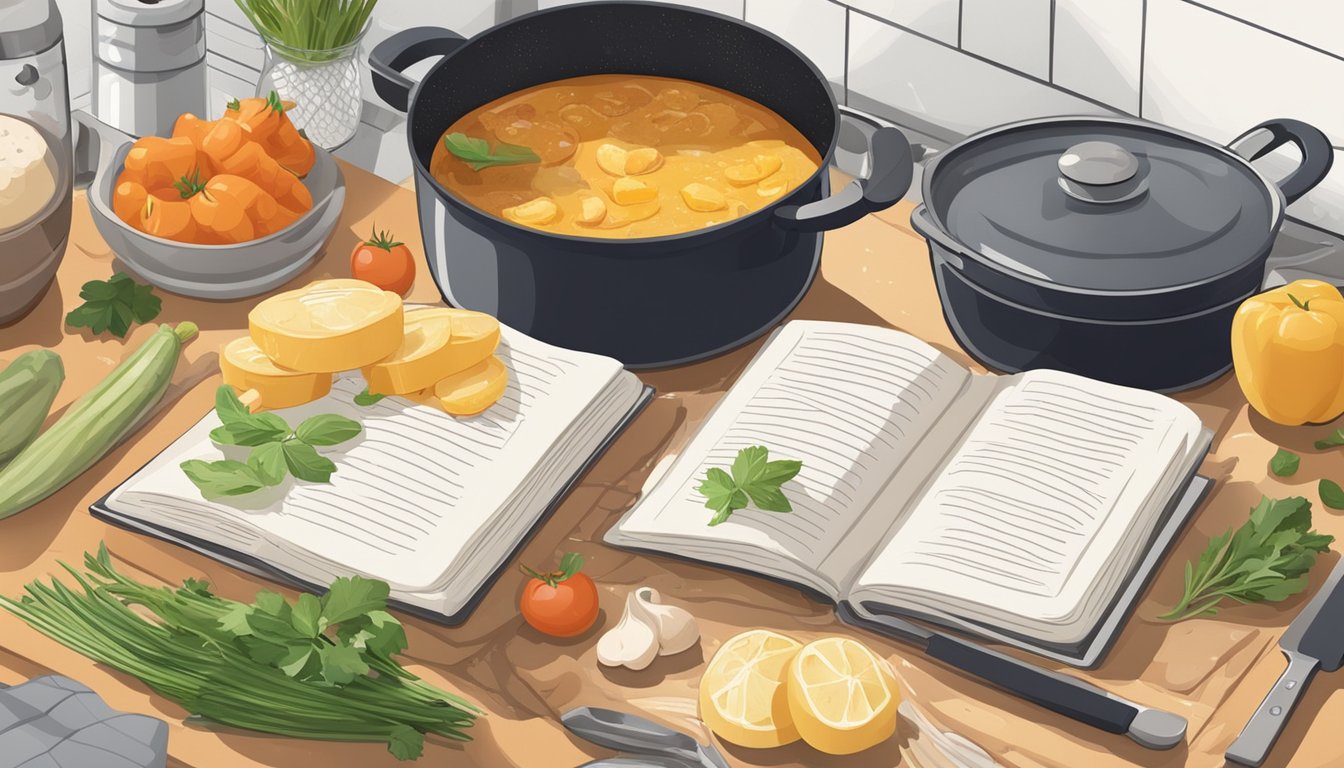 A kitchen counter with a cookbook open to a comforting recipe, surrounded by fresh ingredients and a pot simmering on the stove