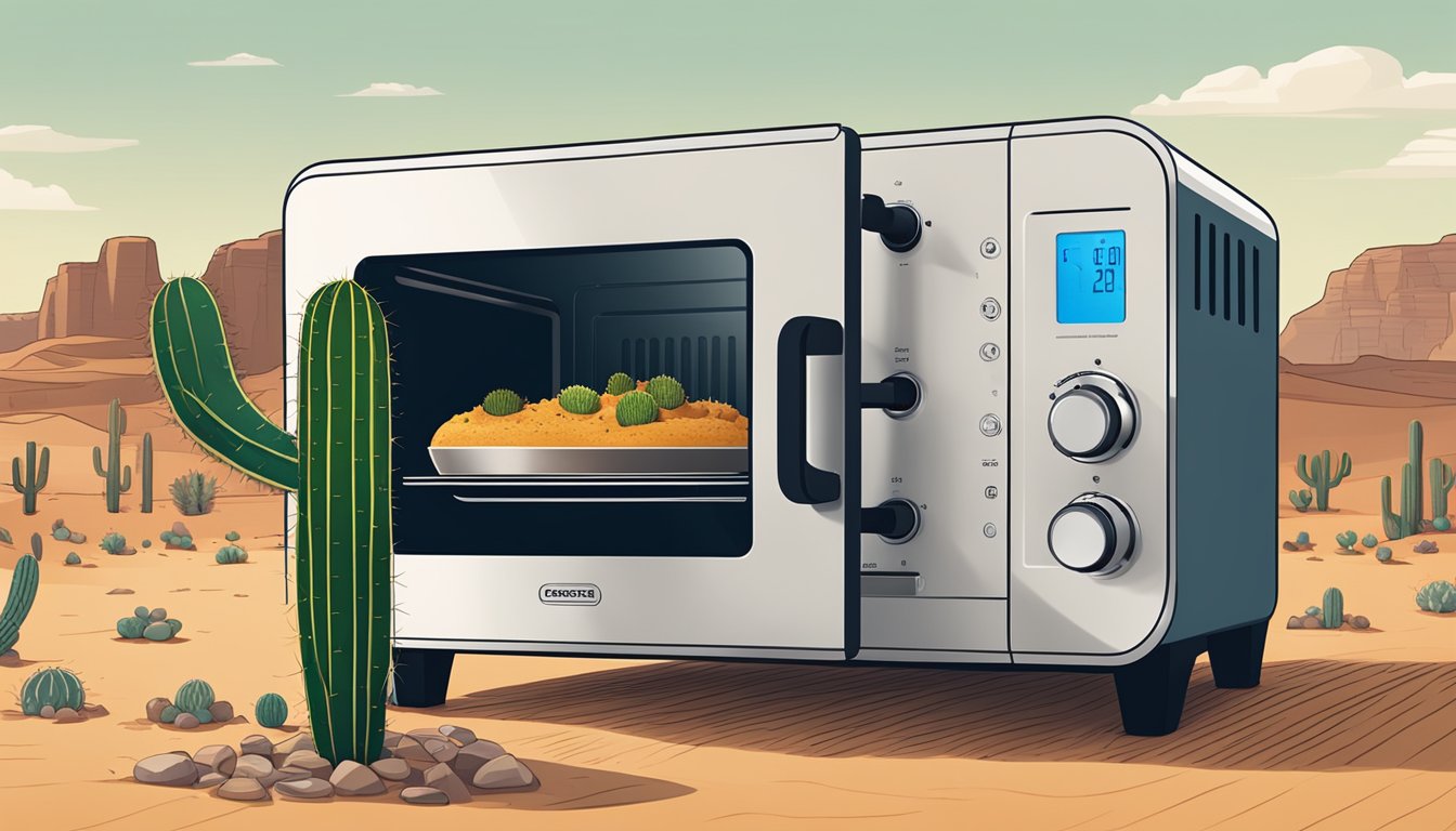 A person using a smart oven to cook in a dry desert, with a cactus in the background