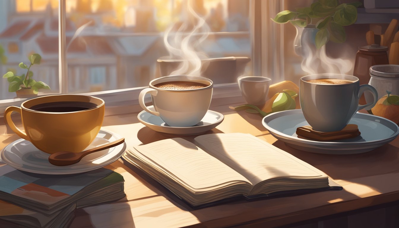 A steaming cup of coffee sits next to a cookbook, surrounded by scattered ingredients and a kitchen utensil. Sunlight streams through the window, casting a warm glow over the scene