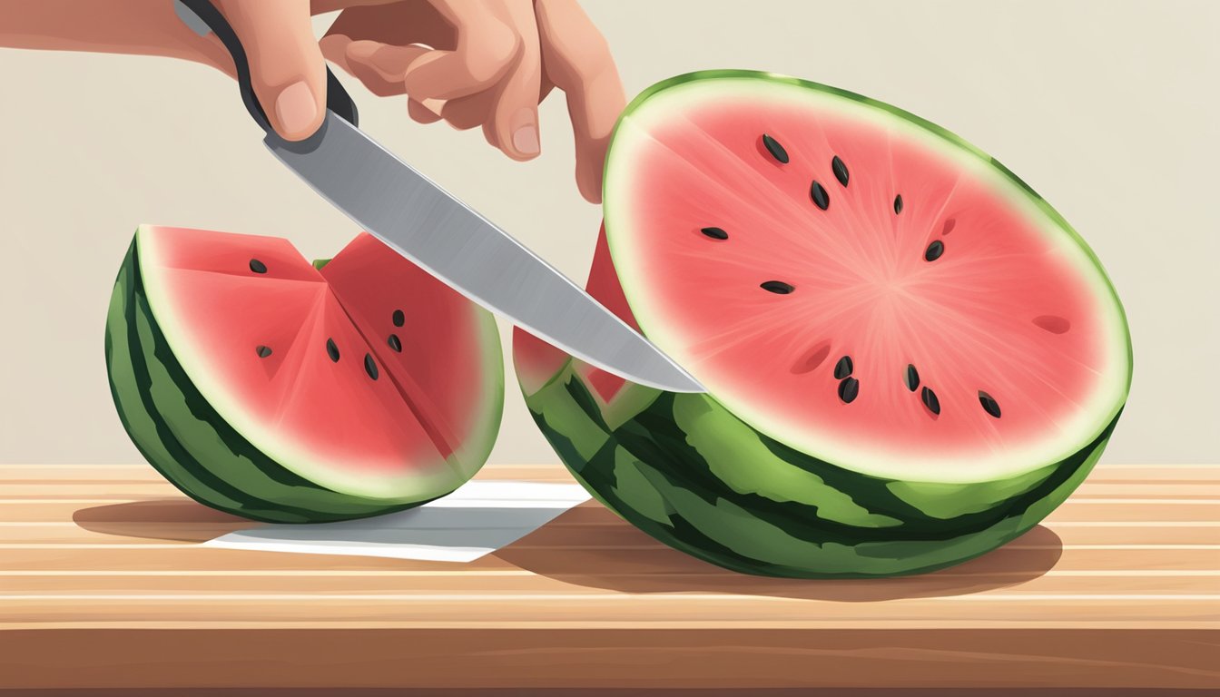 A hand slicing a watermelon into long strips on a cutting board