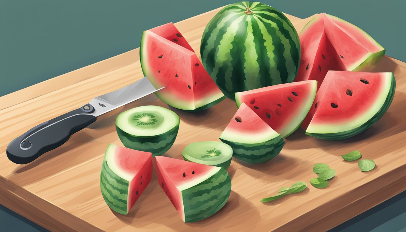 A watermelon being cut into slices on a clean cutting board, with a knife and a bowl nearby for storing the cut pieces