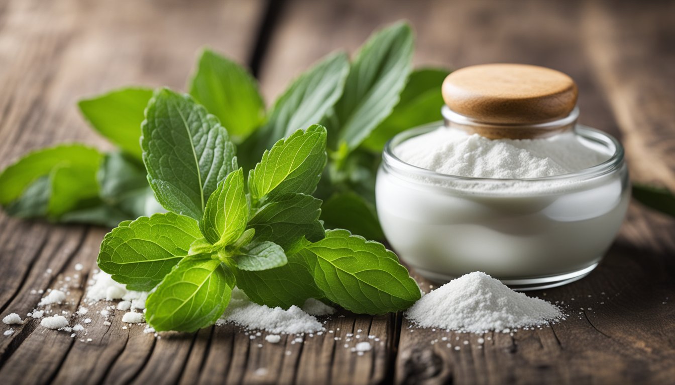 Stevia leaves and powder, sucralose jar on rustic table