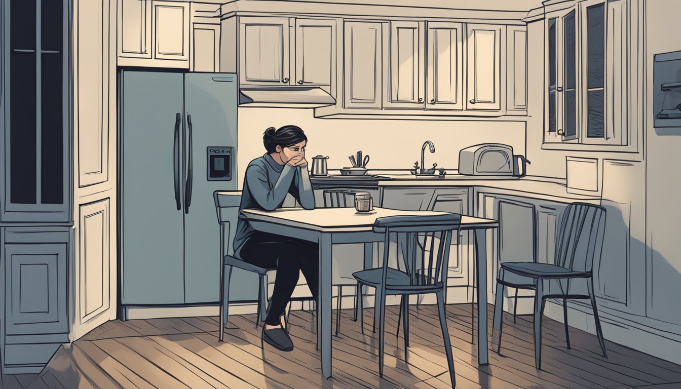 A person sits alone at a dimly lit kitchen table, staring blankly at a half-prepared meal. The room is silent and still, with a heavy atmosphere of grief hanging in the air