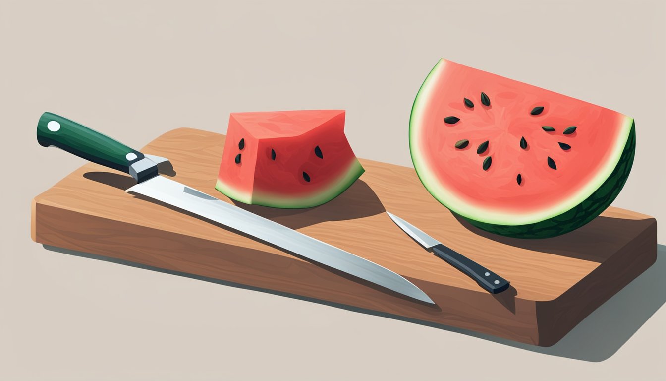 A ripe personal watermelon sits on a cutting board next to a sharp knife. The watermelon is being sliced into small, bite-sized pieces