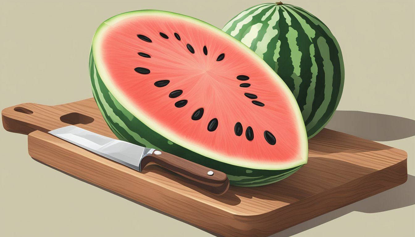 A watermelon placed on a wooden cutting board, with a sharp knife slicing it into long sticks