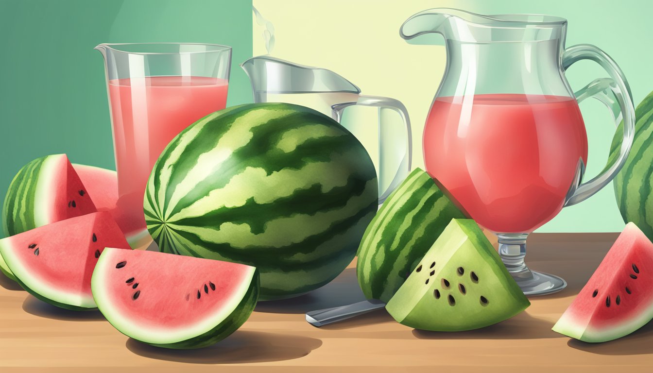 A ripe personal watermelon being sliced into cubes, with a pitcher of watermelon juice and glasses nearby