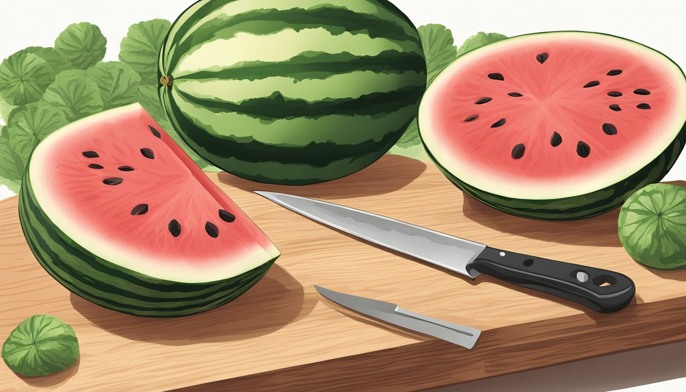 A watermelon being sliced into sticks on a cutting board with a knife nearby