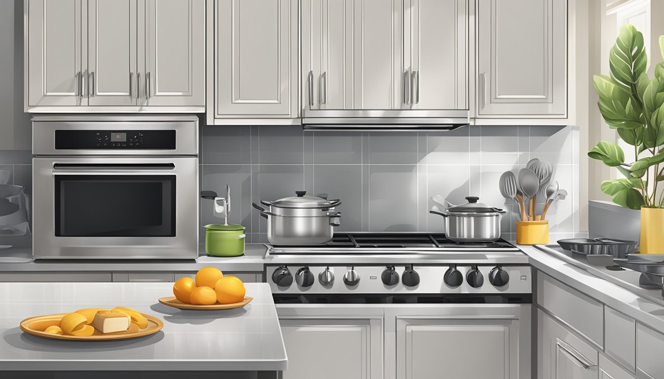 A spacious, well-lit kitchen with gleaming countertops and organized cooking utensils. A large, sparkling stove and oven stand ready for use, while a pristine sink and dish rack await the aftermath