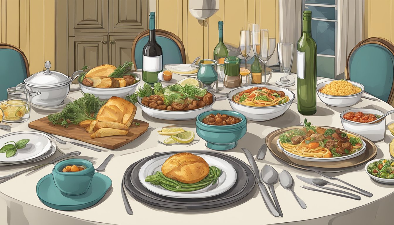 A table set with various themed dinner party menu items and cooking utensils