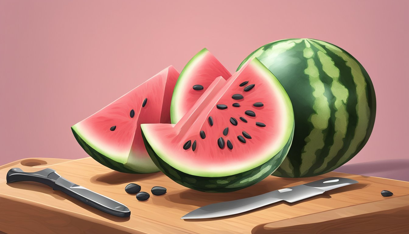 A watermelon being sliced into sticks on a cutting board, with a knife and the fruit's pink flesh and seeds visible