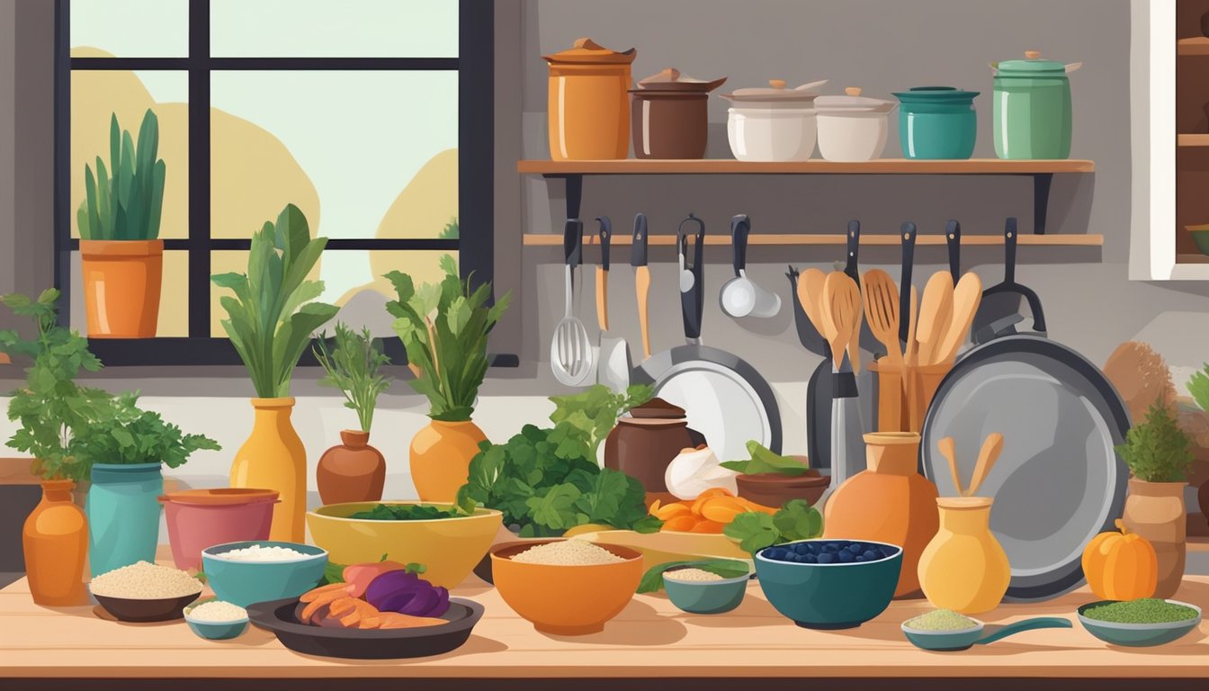 A table set with a variety of ingredients from different cultures, with pots and pans ready for cooking. A photo of a loved one sits nearby