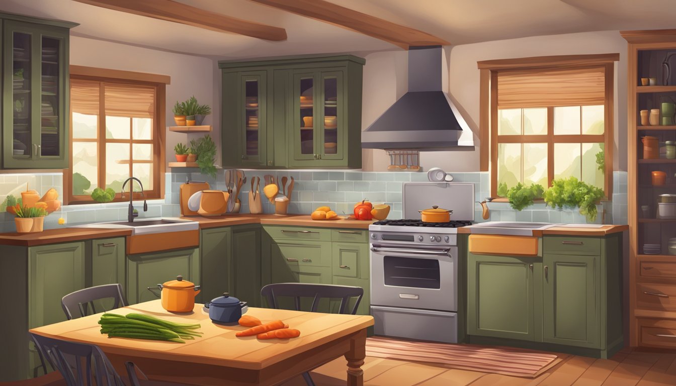 A cozy kitchen with a pot simmering on the stove, a cutting board with fresh vegetables, and a warm, inviting atmosphere