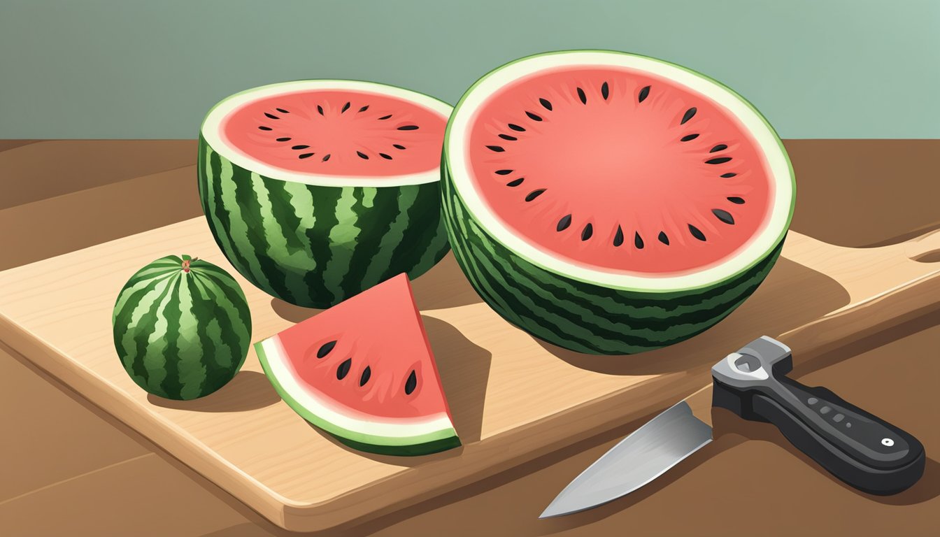 A quarter watermelon on a cutting board with a knife beside it, ready to be sliced into smaller pieces