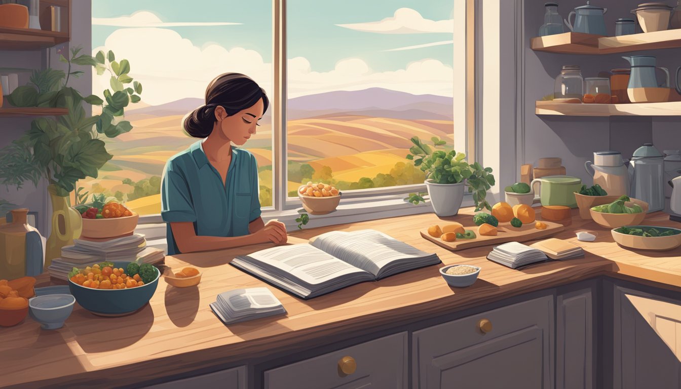 A person sits at a kitchen table surrounded by open cookbooks and ingredients, staring wistfully out the window at a familiar landscape