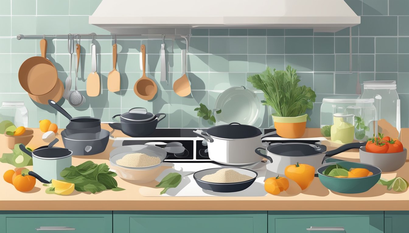 A clean, organized kitchen with fresh ingredients laid out on the counter, pots and pans neatly stacked, and a recipe book open to a comforting dish