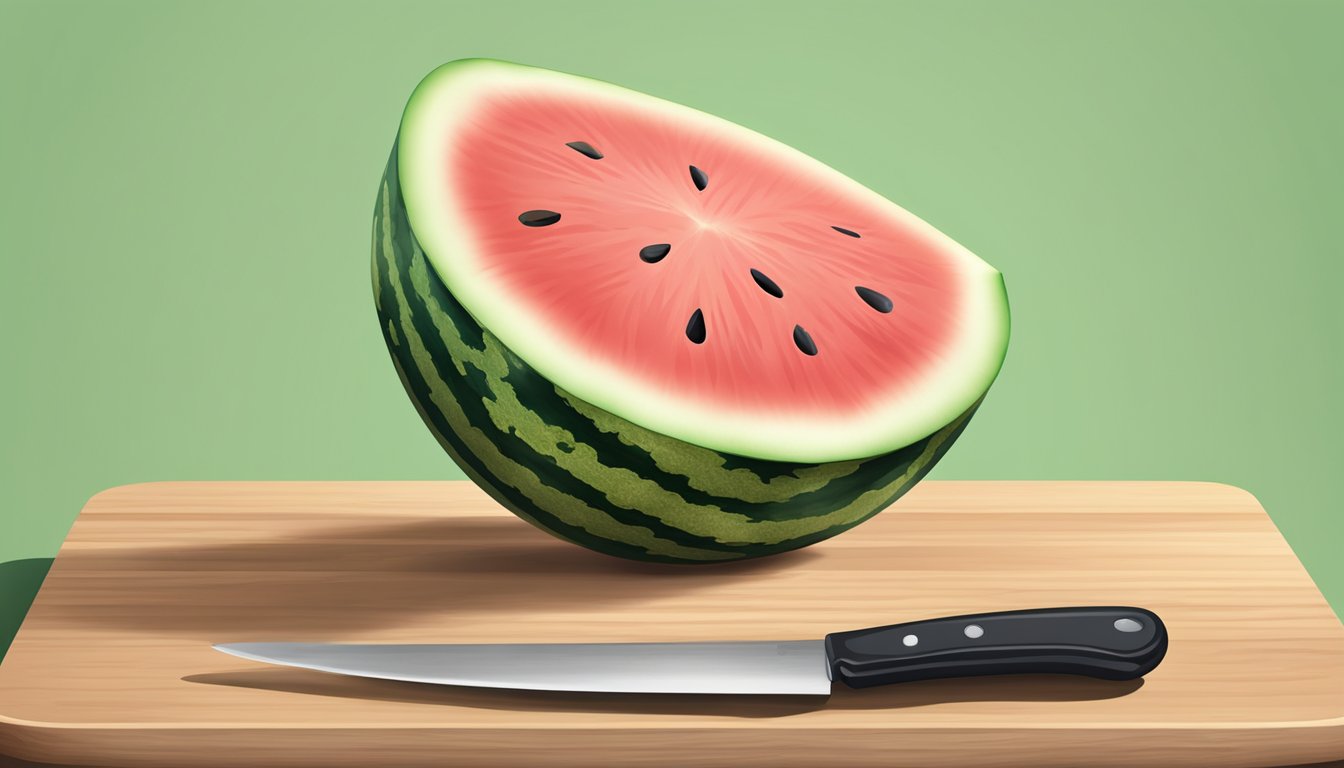 A watermelon on a cutting board, with a knife slicing it into quarters