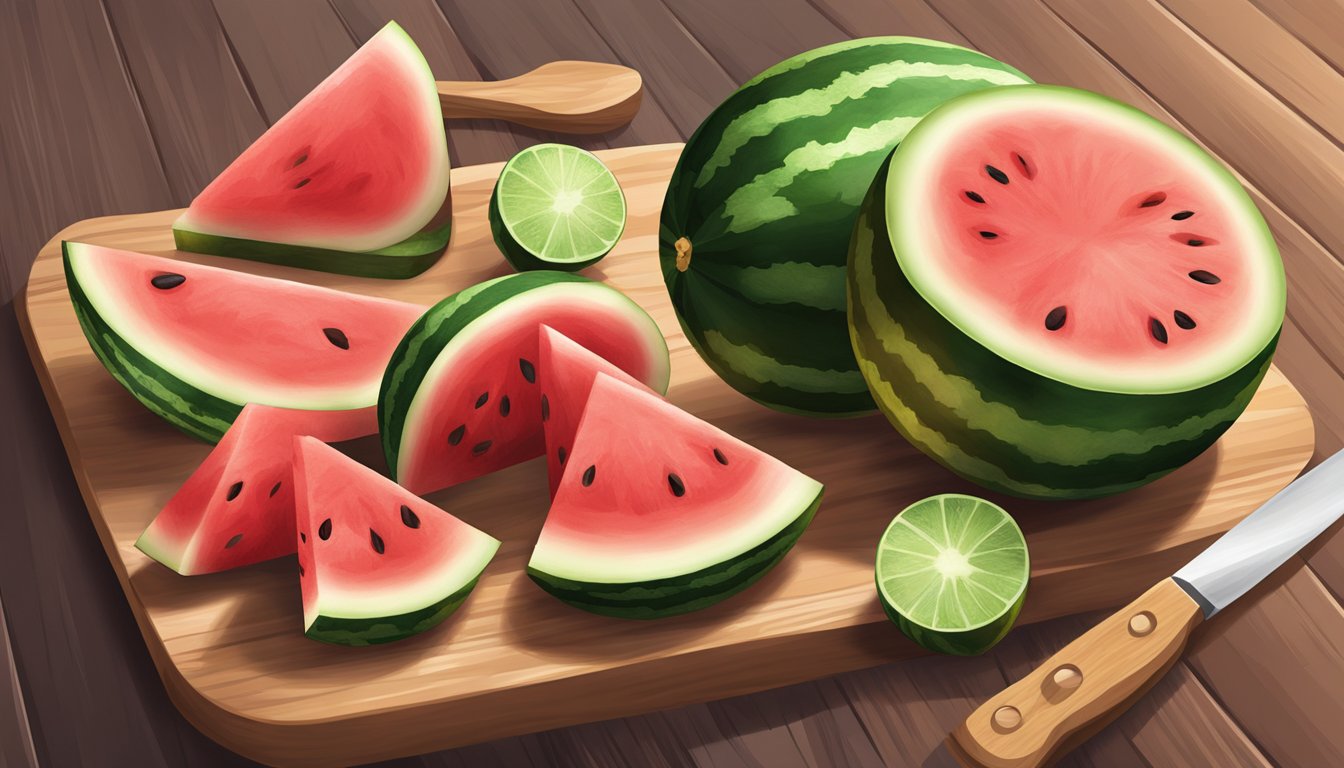 A small round watermelon being cut into wedges on a wooden cutting board