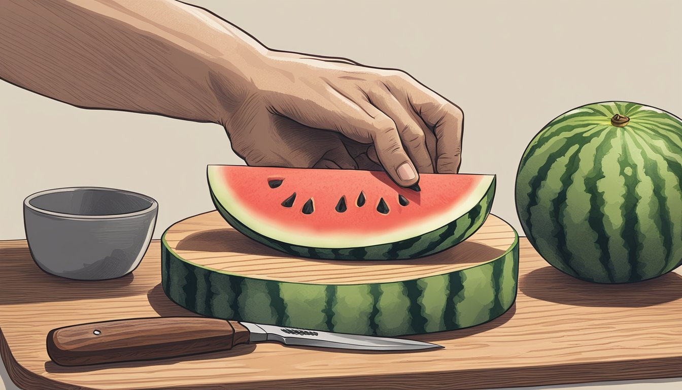 A small round watermelon placed on a cutting board with a sharp knife next to it. A hand reaching for the knife to begin cutting