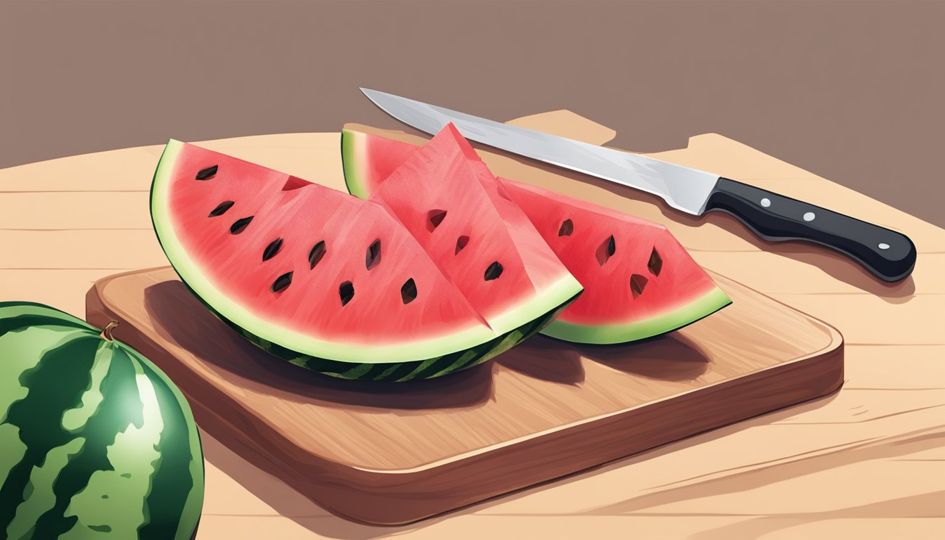 A sharp knife slices through a small round watermelon, creating neat, uniform pieces on a clean cutting board