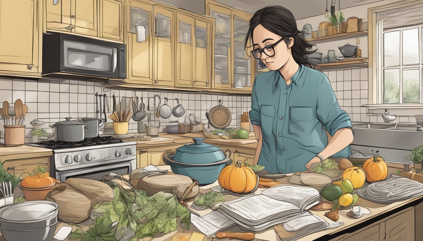 A cluttered kitchen with ingredients scattered, a disheveled cookbook, and a confused expression on a faceless figure