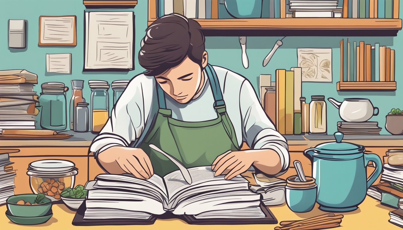 A student surrounded by textbooks and cooking utensils, struggling to focus on a recipe while trying to study