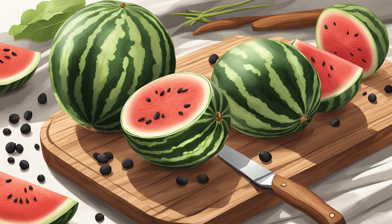 A small round watermelon being sliced into wedges on a wooden cutting board, with the juicy red flesh and black seeds visible