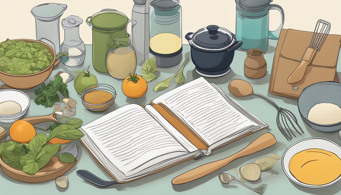 A variety of cooking utensils and ingredients arranged on a kitchen counter, with a cookbook open to a page on essential cooking skills and techniques