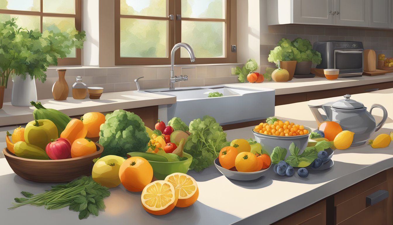 A kitchen counter with a variety of fresh fruits, vegetables, grains, and herbs. A cookbook open to a page on holistic recipes. A serene atmosphere with natural light streaming in