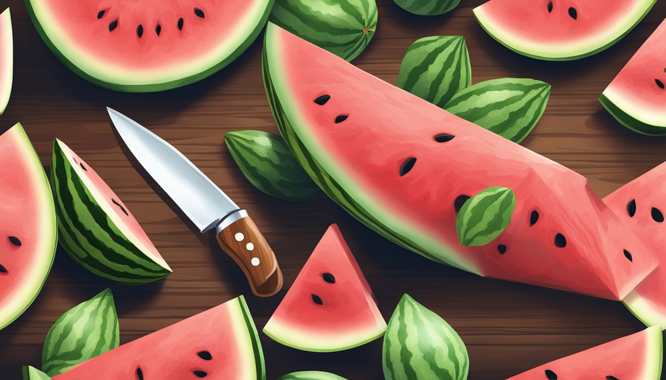 A sharp knife slices a small round watermelon on a wooden cutting board. Juice glistens as the fruit is halved and then quartered