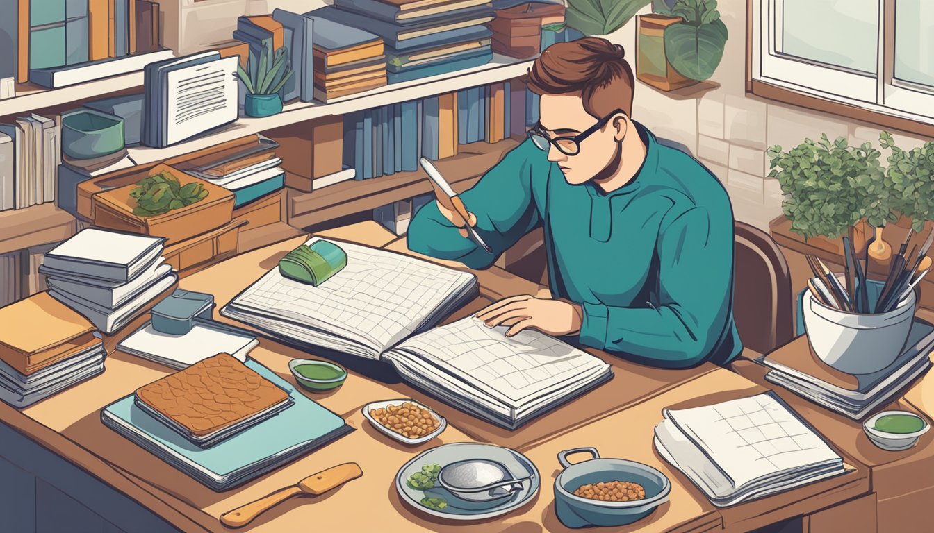 A person sitting at a desk with open textbooks and a laptop, surrounded by recipe books and cooking utensils, pondering meal planning strategies