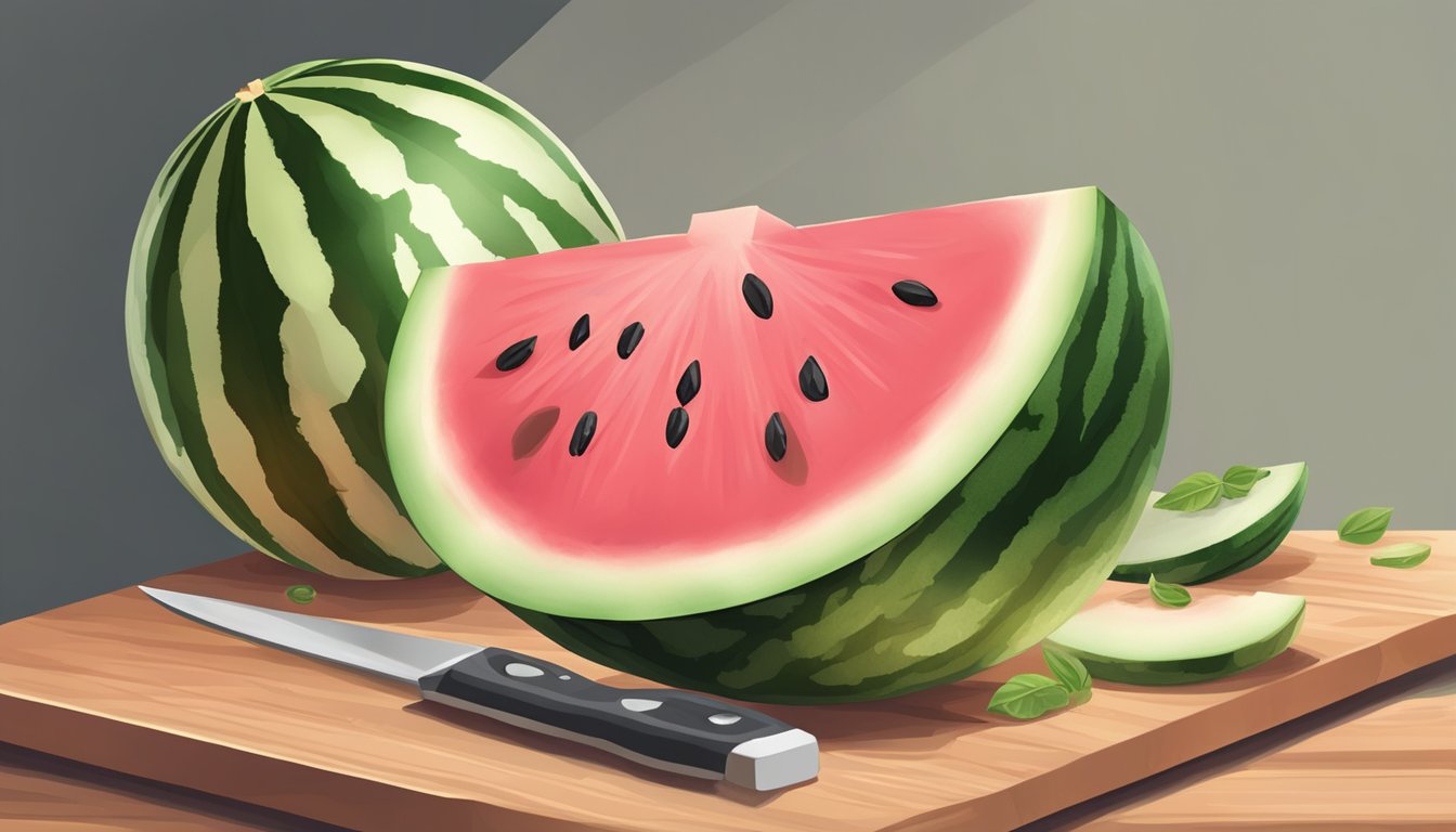 A small round watermelon being cut into wedges on a cutting board, with the seeds removed and the juicy pink flesh exposed