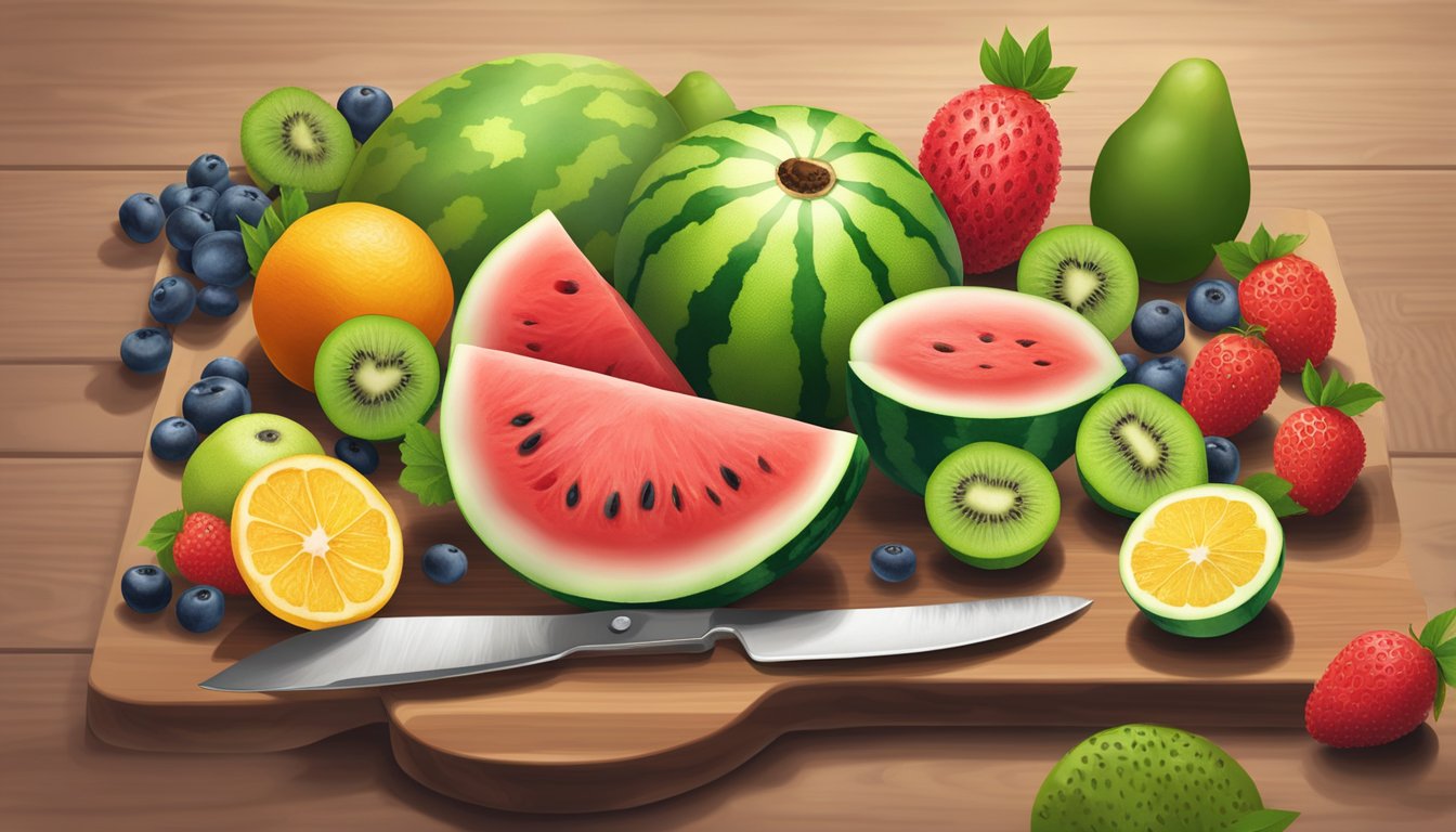 A small round watermelon being cut into wedges on a wooden cutting board, surrounded by other fresh fruits like berries and kiwi