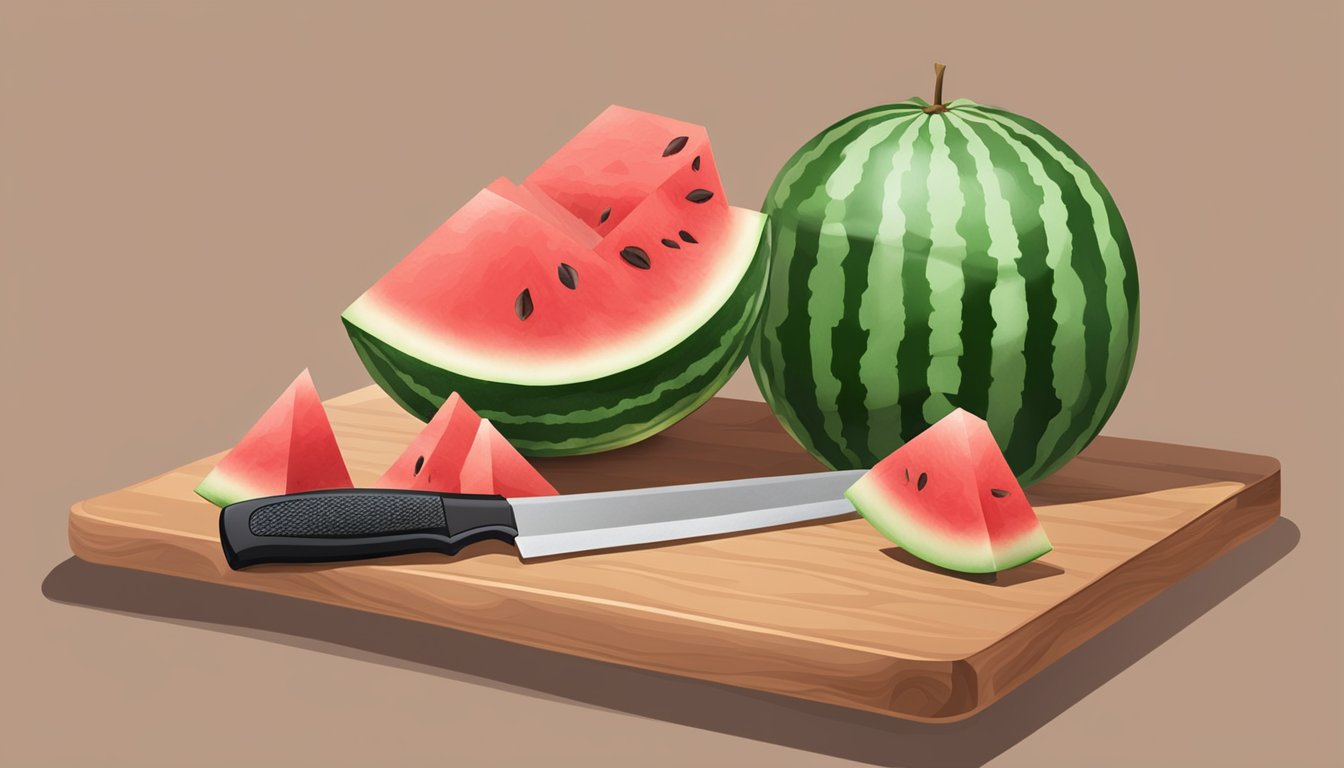 A watermelon sits on a cutting board next to a knife. The watermelon is being sliced into cubes by the knife