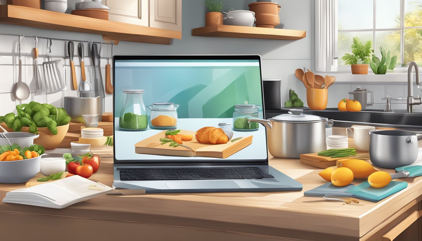 A kitchen scene with open cookbooks, a laptop displaying educational content, and various cooking utensils and ingredients scattered on the counter