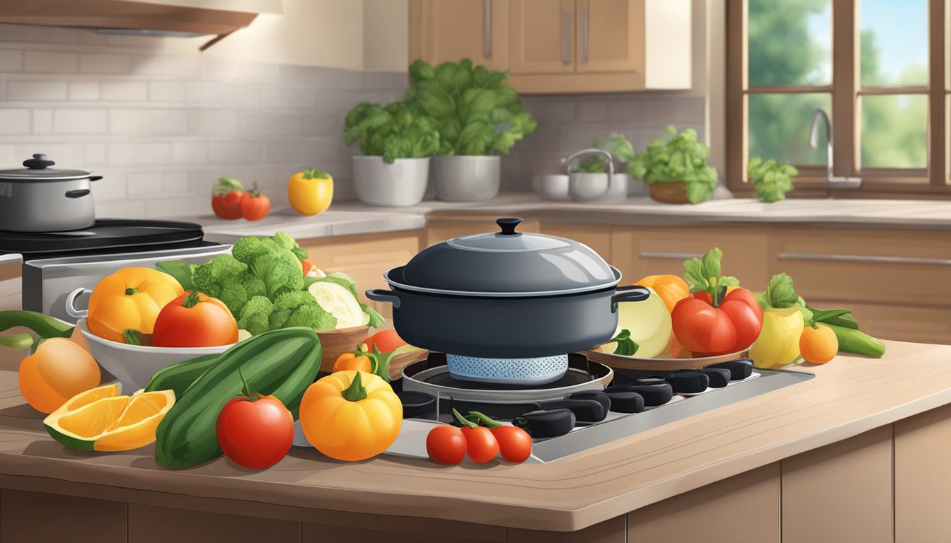 A table set with fresh fruits, vegetables, and grains. A pot simmering on a stove. A serene atmosphere with soft natural lighting