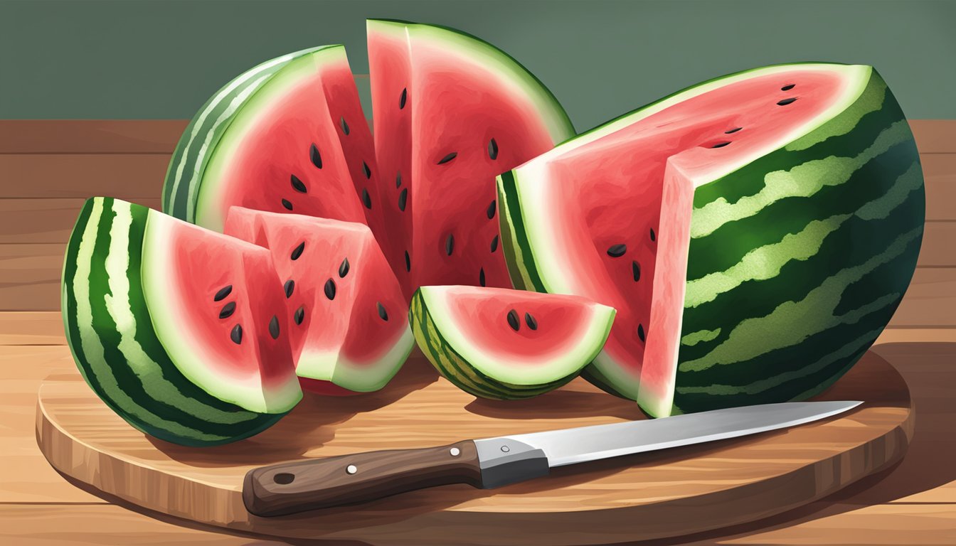 A watermelon on a cutting board with a knife slicing through it into wedges