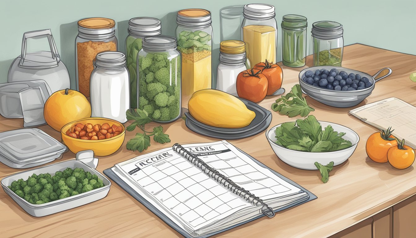 A kitchen counter with a calendar, meal prep containers, and a cookbook open to a recipe page