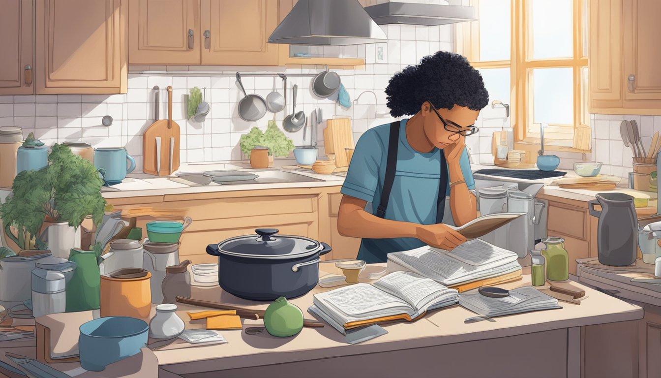 A student struggles with textbooks while stirring a pot on a cluttered kitchen counter