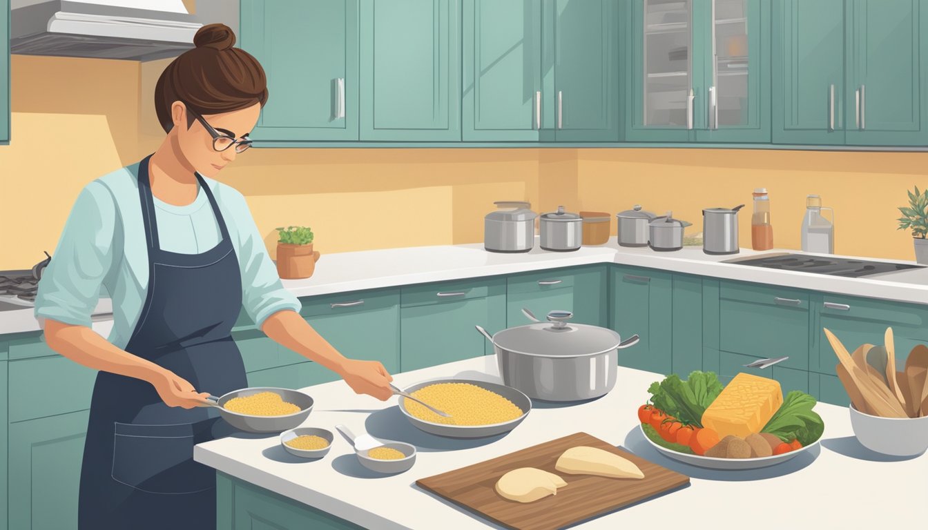 A person with celiac disease selects gluten-free products and prepares a meal in a shared kitchen, using separate utensils and cookware to avoid cross-contamination