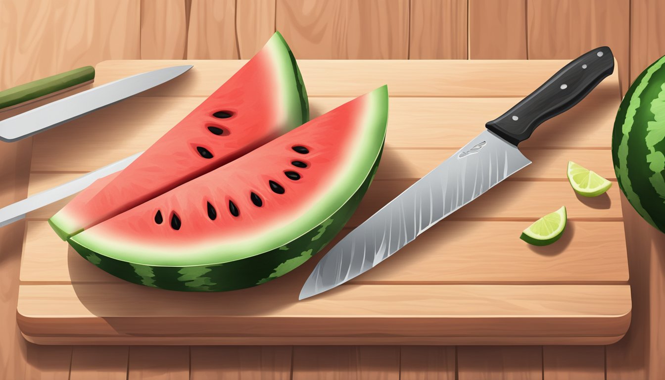 A watermelon sits on a cutting board with a knife nearby. The watermelon is sliced into long, even pieces