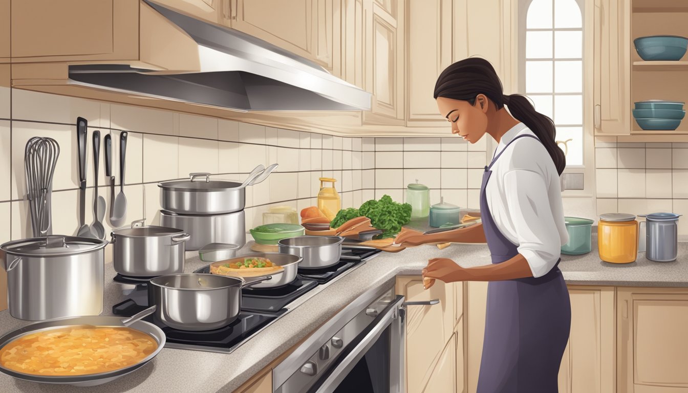 A person cooking in a kitchen with separate gluten-free and regular cooking areas, using dedicated utensils and cookware to maintain a balanced gluten-free diet