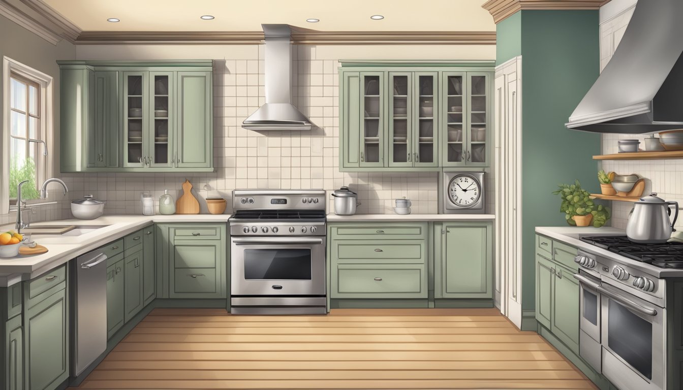 A serene kitchen with unlit stove, empty plates, and a clock showing the time of fasting