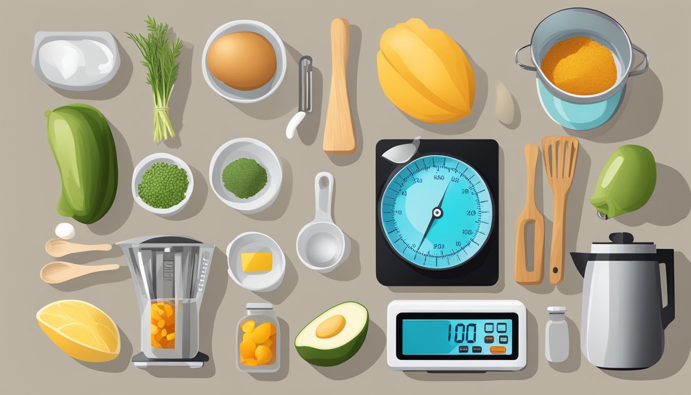 A kitchen counter with various cooking ingredients and utensils arranged neatly, a digital timer set for the cooking duration, and a scale for measuring portions