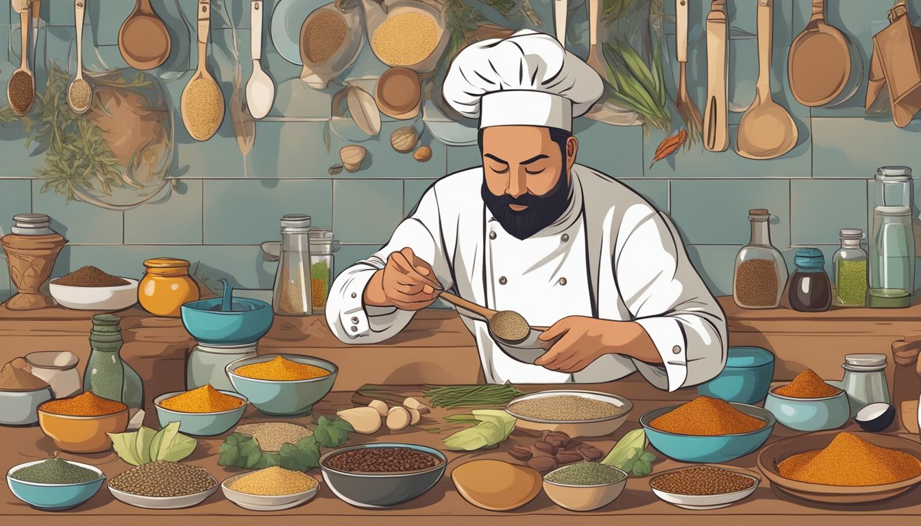 A chef tasting and adjusting spices while cooking a traditional dish from a new culture, surrounded by unfamiliar ingredients and utensils